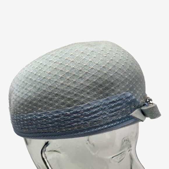 Ritz Henry Pollack Hat Dusty Blue Jewel Bow Band Baby Blue Net Cover Circa 60s - Picture 3 of 9
